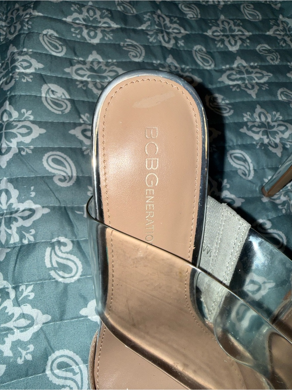 BCBGeneration Silver Rhinestone Pointed Mules with Clear Strap - Picture 2 of 10